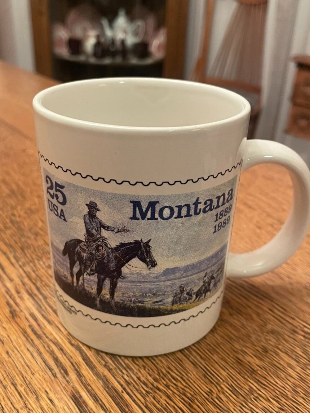 Vintage 1989 USPS Montana Centennial Cowboy Stamp Coffee Cup Mug 12 ounces
